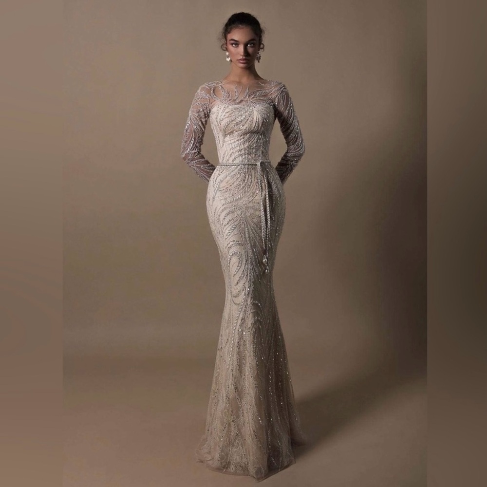 Tarik Ediz Beige Embellished Maxi Dress